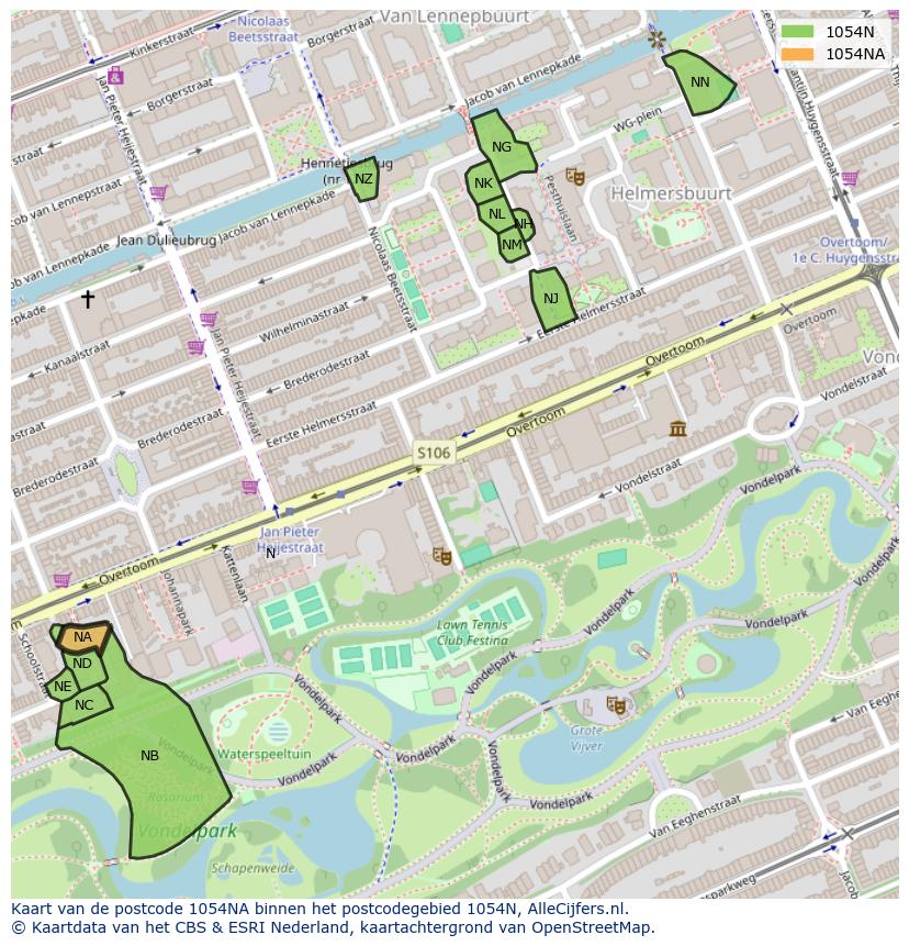 Afbeelding van het postcodegebied 1054 NA op de kaart.
