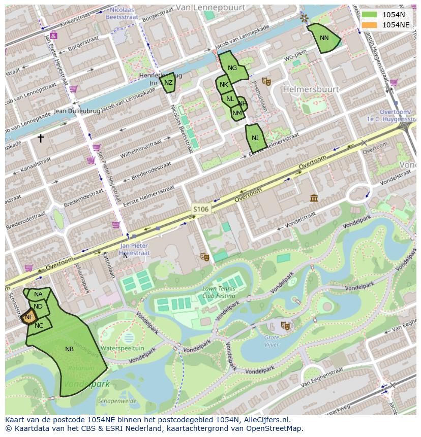 Afbeelding van het postcodegebied 1054 NE op de kaart.