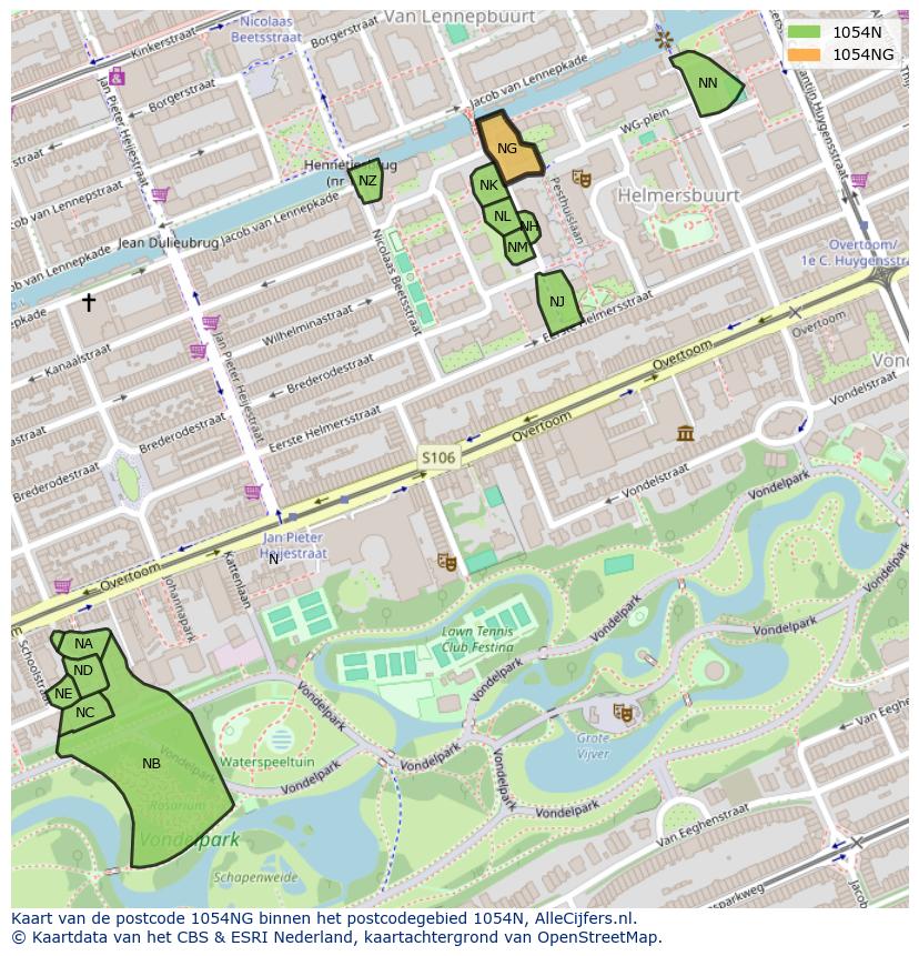 Afbeelding van het postcodegebied 1054 NG op de kaart.
