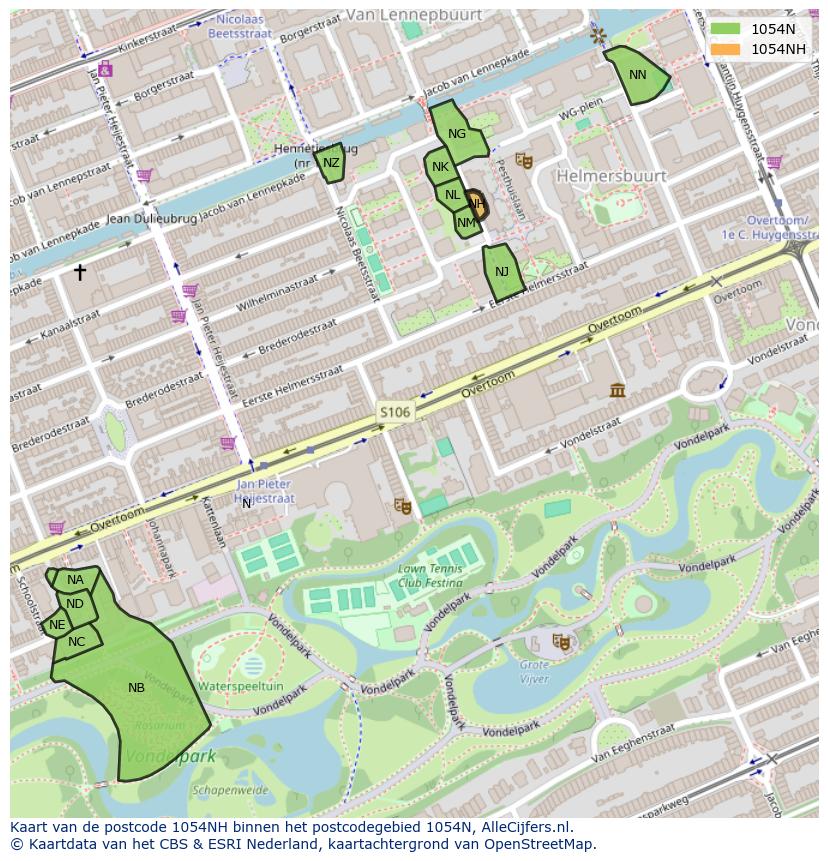 Afbeelding van het postcodegebied 1054 NH op de kaart.
