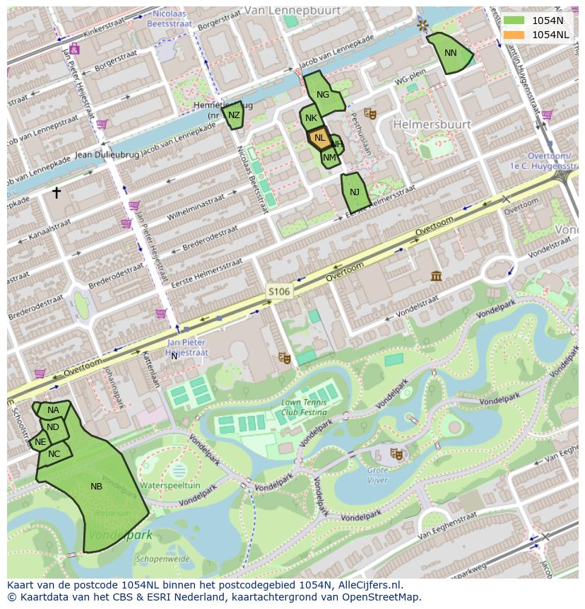 Afbeelding van het postcodegebied 1054 NL op de kaart.