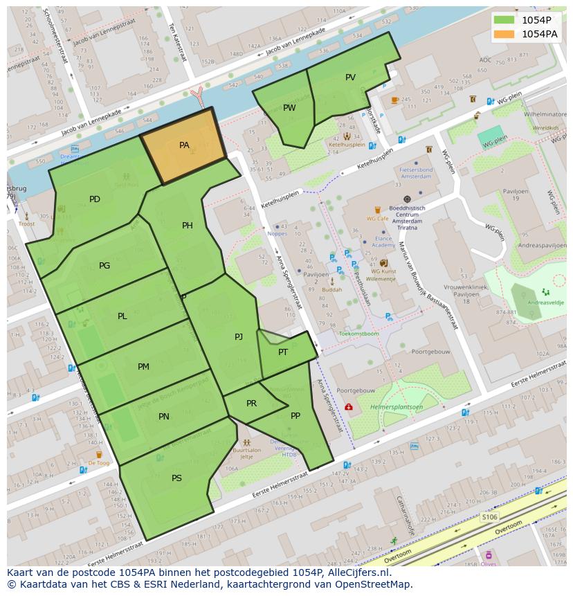 Afbeelding van het postcodegebied 1054 PA op de kaart.
