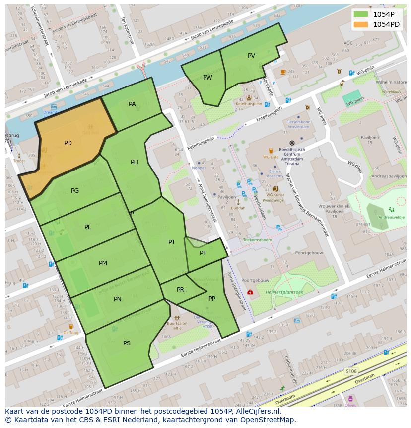 Afbeelding van het postcodegebied 1054 PD op de kaart.