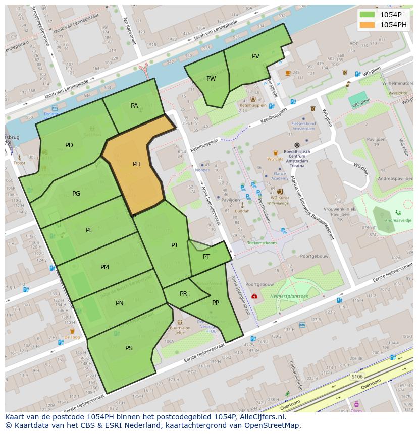 Afbeelding van het postcodegebied 1054 PH op de kaart.
