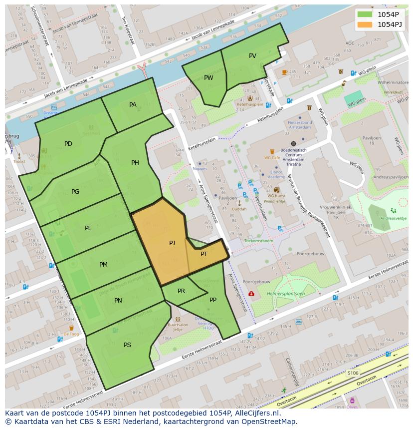 Afbeelding van het postcodegebied 1054 PJ op de kaart.