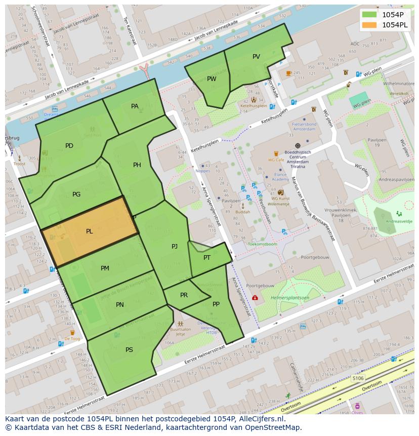 Afbeelding van het postcodegebied 1054 PL op de kaart.