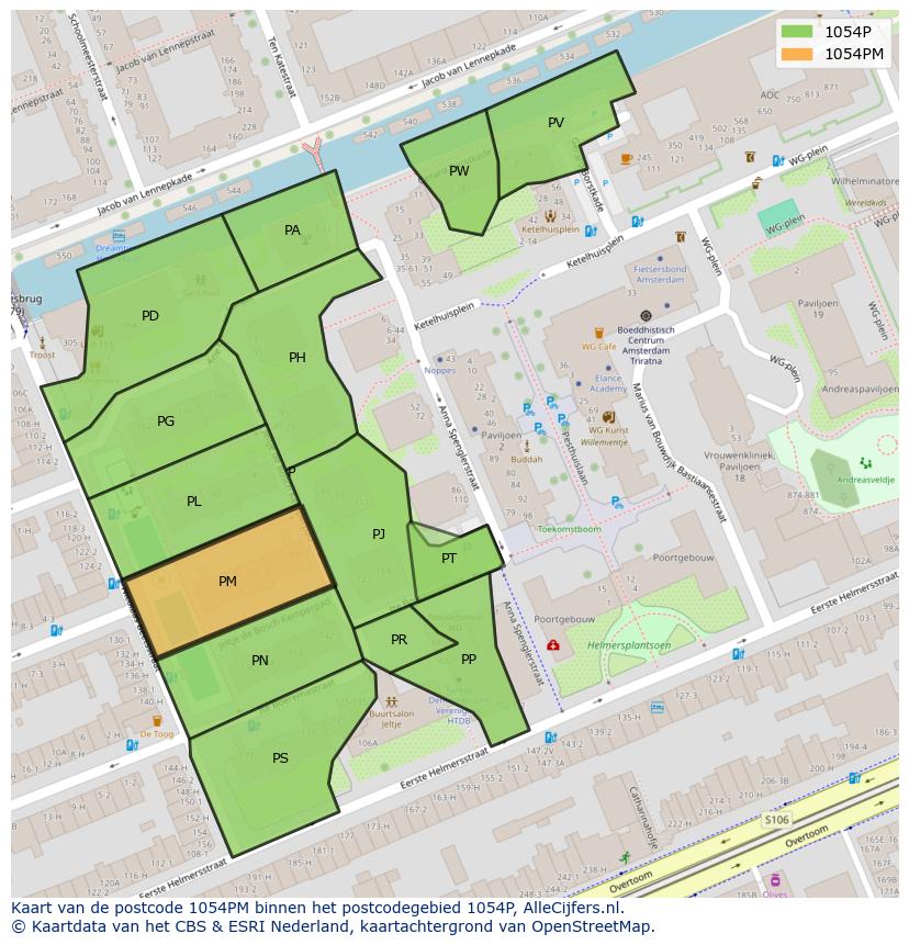 Afbeelding van het postcodegebied 1054 PM op de kaart.