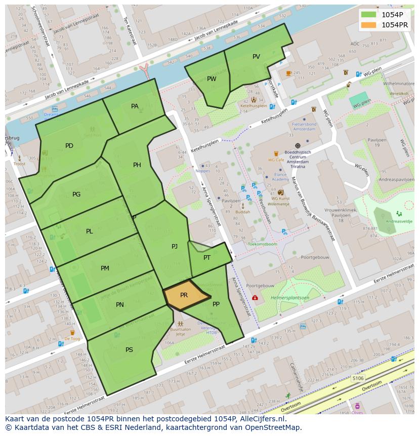 Afbeelding van het postcodegebied 1054 PR op de kaart.