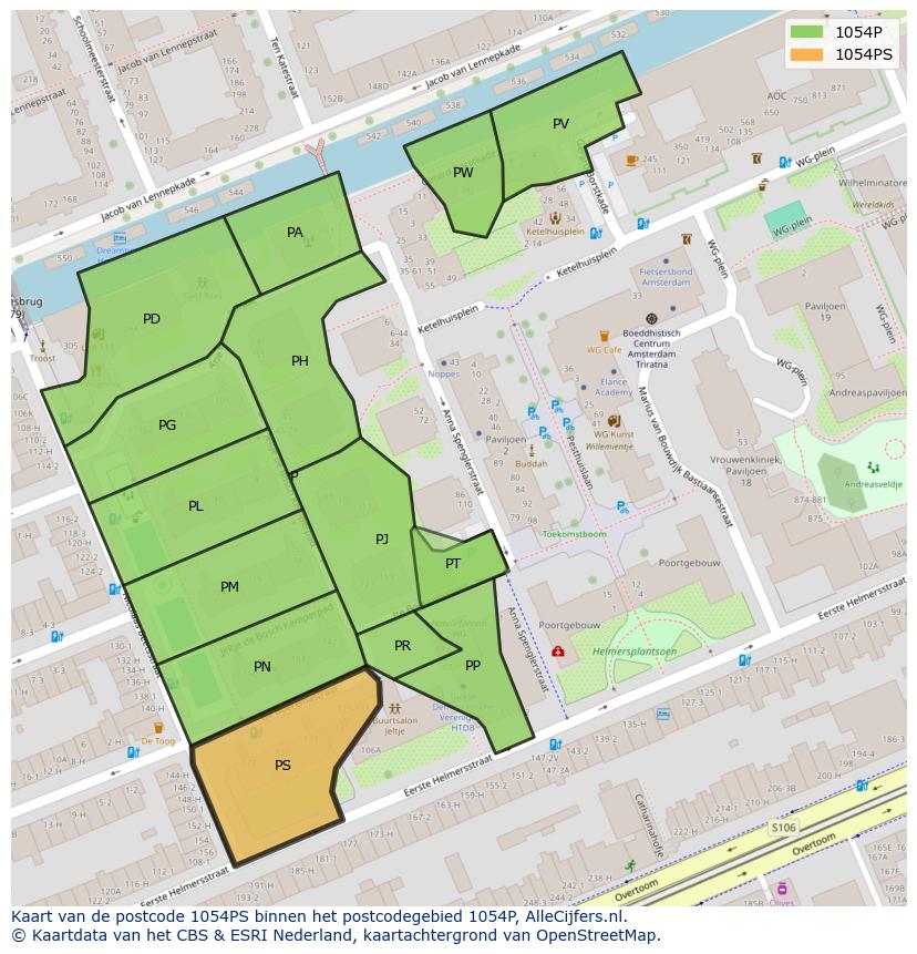 Afbeelding van het postcodegebied 1054 PS op de kaart.