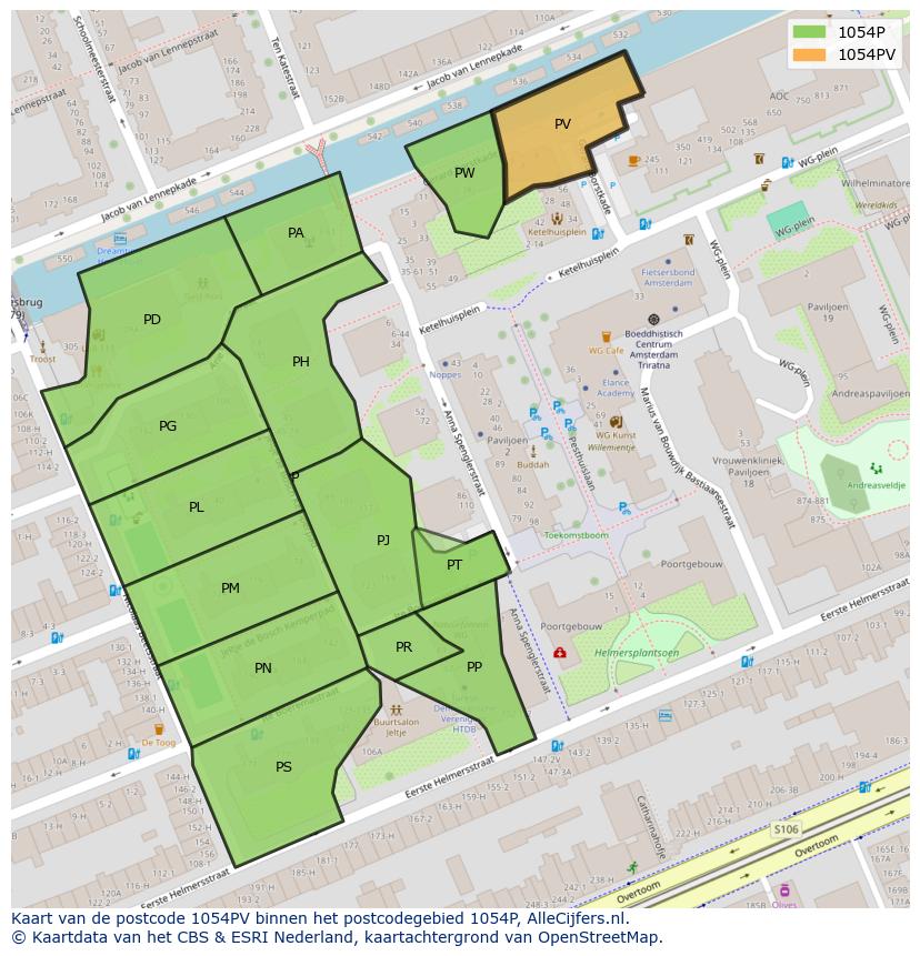 Afbeelding van het postcodegebied 1054 PV op de kaart.