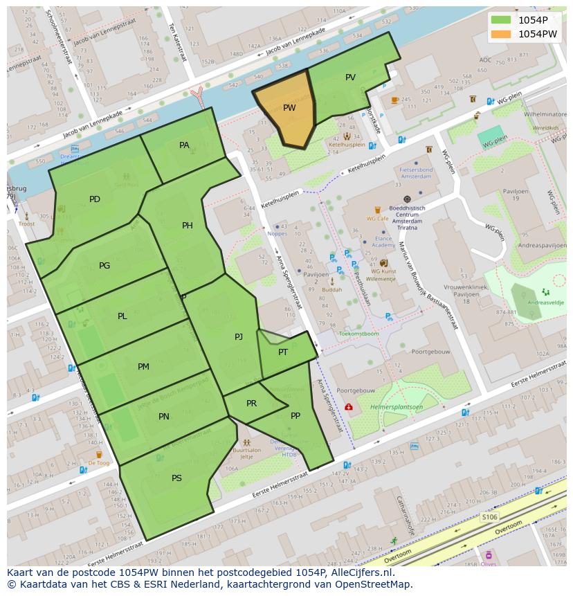 Afbeelding van het postcodegebied 1054 PW op de kaart.