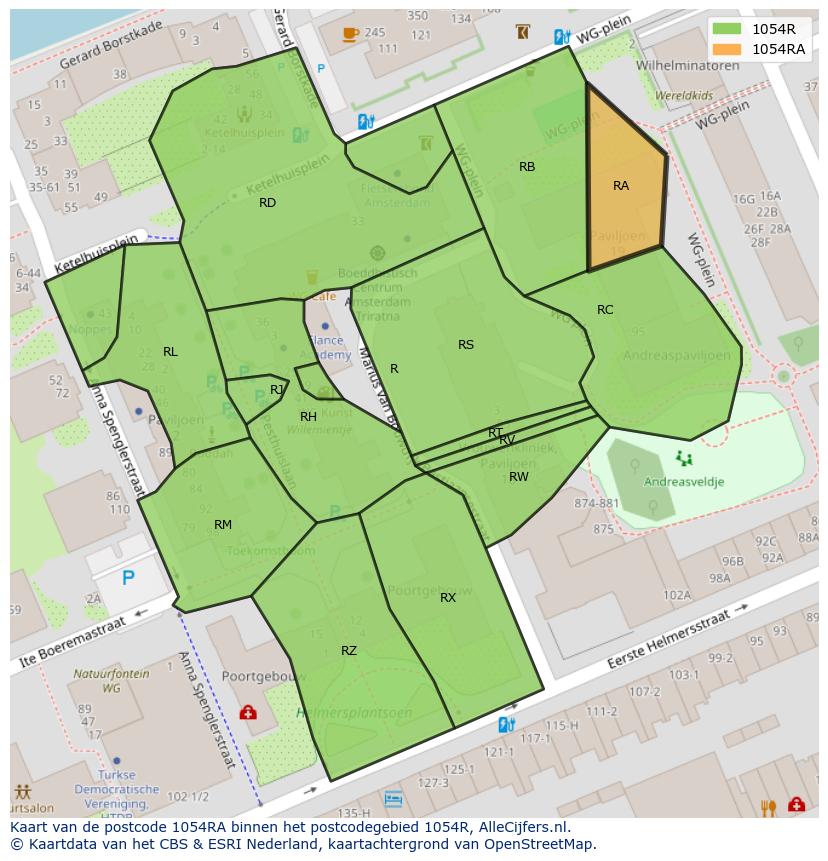Afbeelding van het postcodegebied 1054 RA op de kaart.