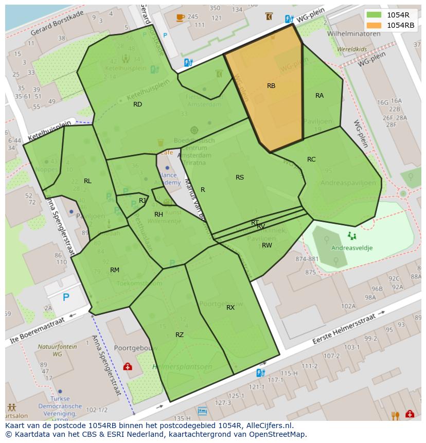 Afbeelding van het postcodegebied 1054 RB op de kaart.