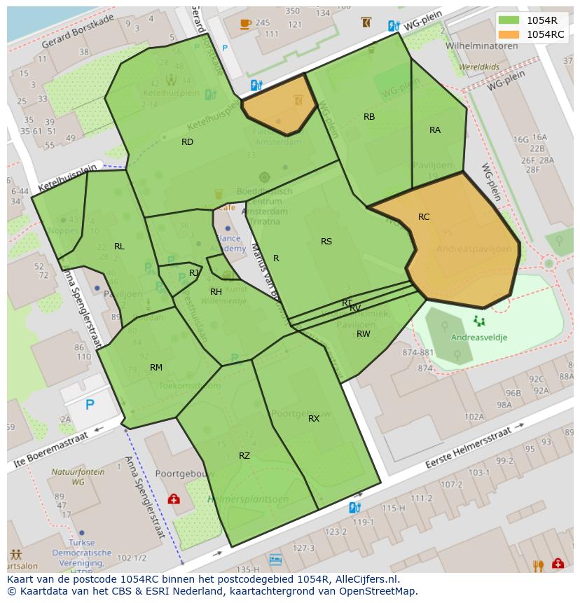 Afbeelding van het postcodegebied 1054 RC op de kaart.