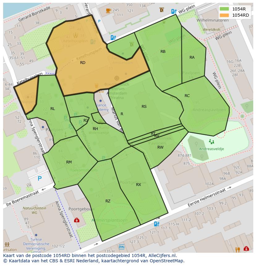 Afbeelding van het postcodegebied 1054 RD op de kaart.