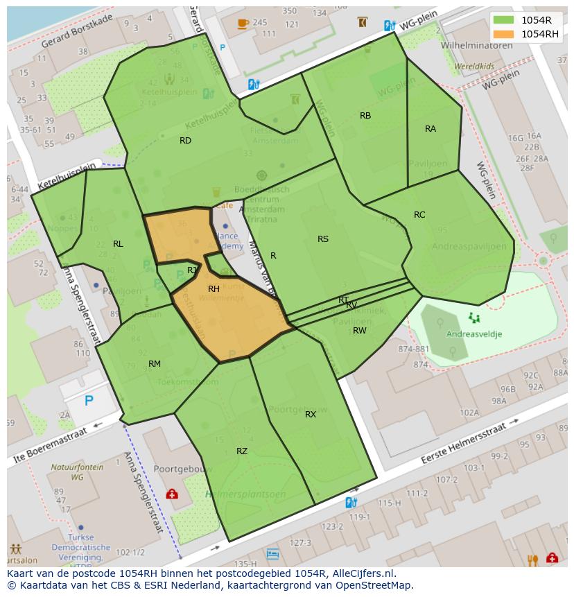 Afbeelding van het postcodegebied 1054 RH op de kaart.