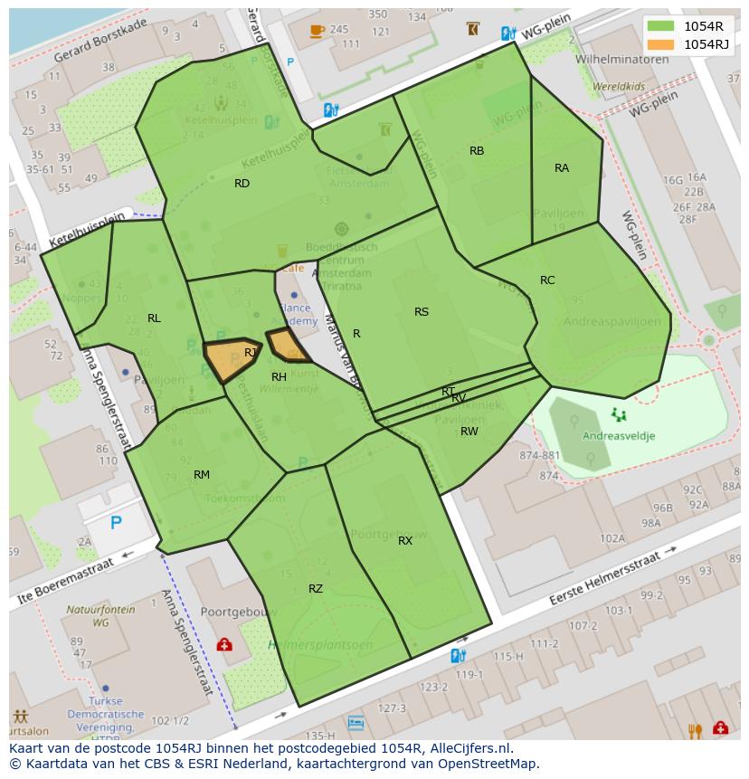 Afbeelding van het postcodegebied 1054 RJ op de kaart.