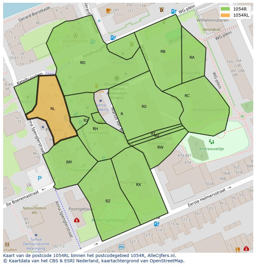 Afbeelding van het postcodegebied 1054 RL op de kaart.