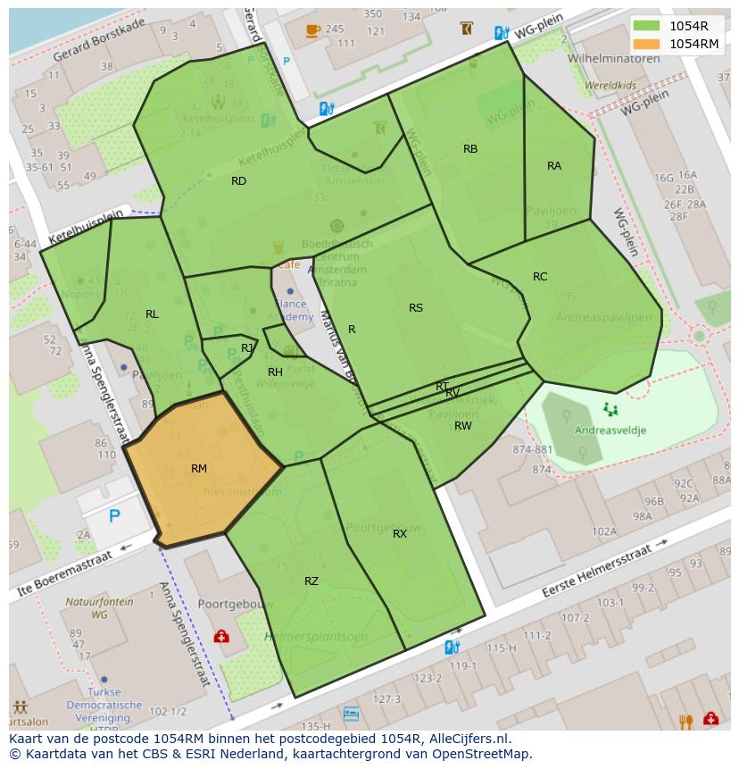 Afbeelding van het postcodegebied 1054 RM op de kaart.