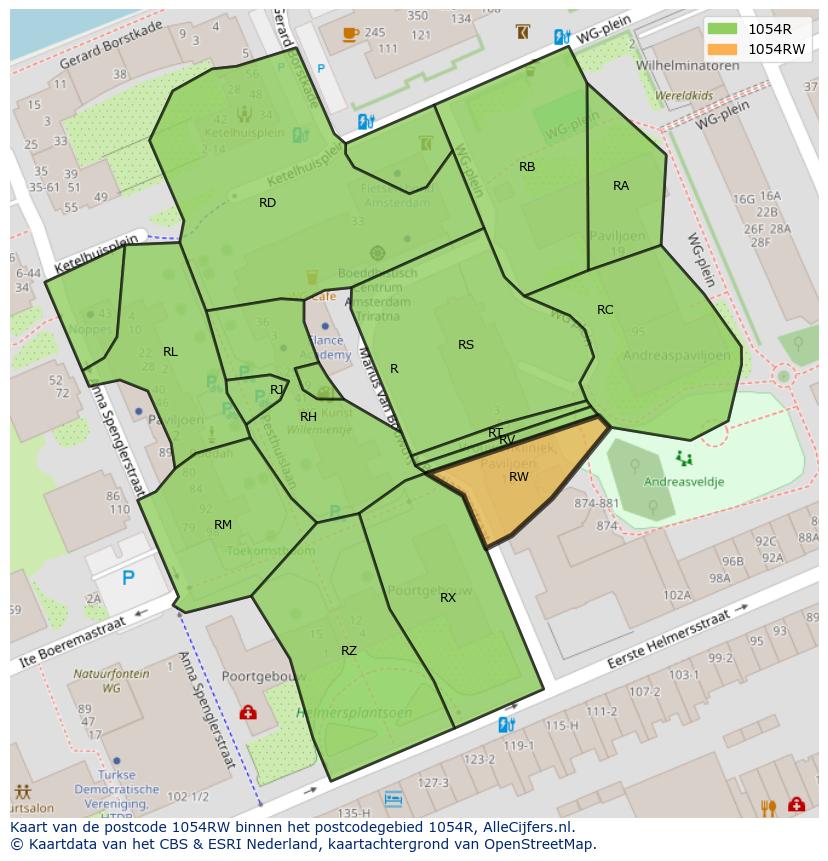 Afbeelding van het postcodegebied 1054 RW op de kaart.