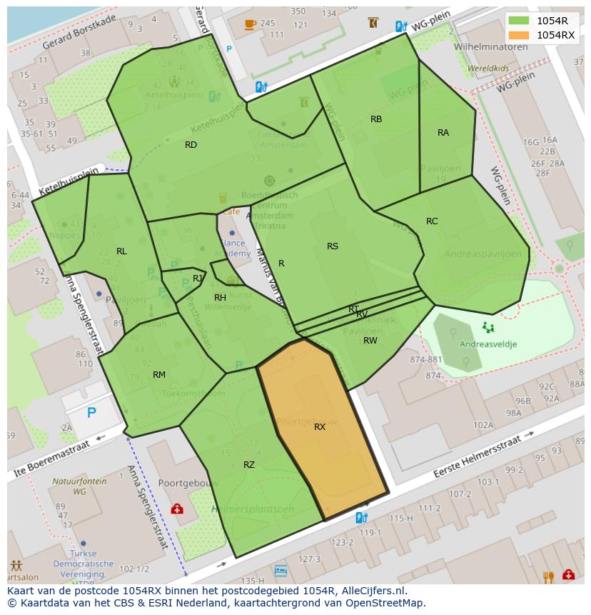 Afbeelding van het postcodegebied 1054 RX op de kaart.