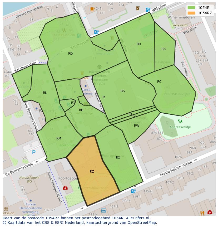 Afbeelding van het postcodegebied 1054 RZ op de kaart.
