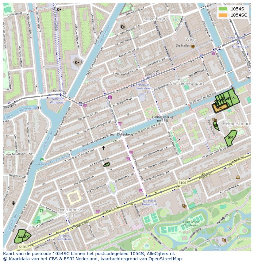 Afbeelding van het postcodegebied 1054 SC op de kaart.