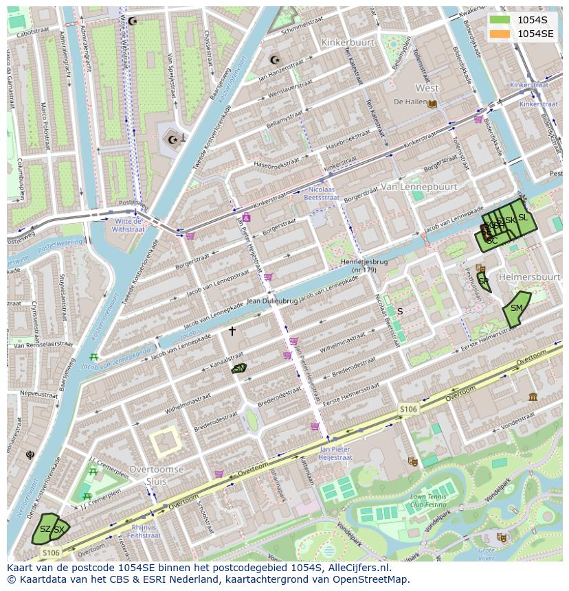 Afbeelding van het postcodegebied 1054 SE op de kaart.