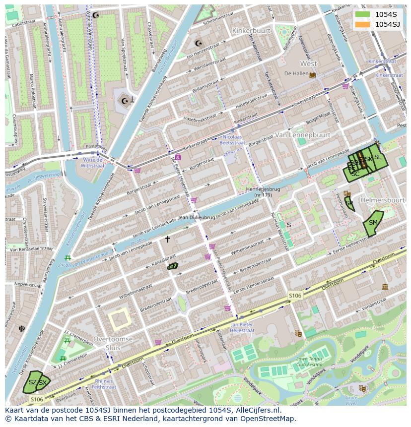 Afbeelding van het postcodegebied 1054 SJ op de kaart.