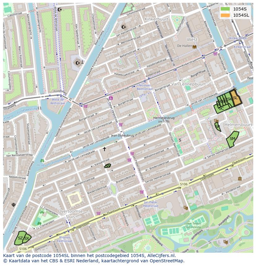 Afbeelding van het postcodegebied 1054 SL op de kaart.