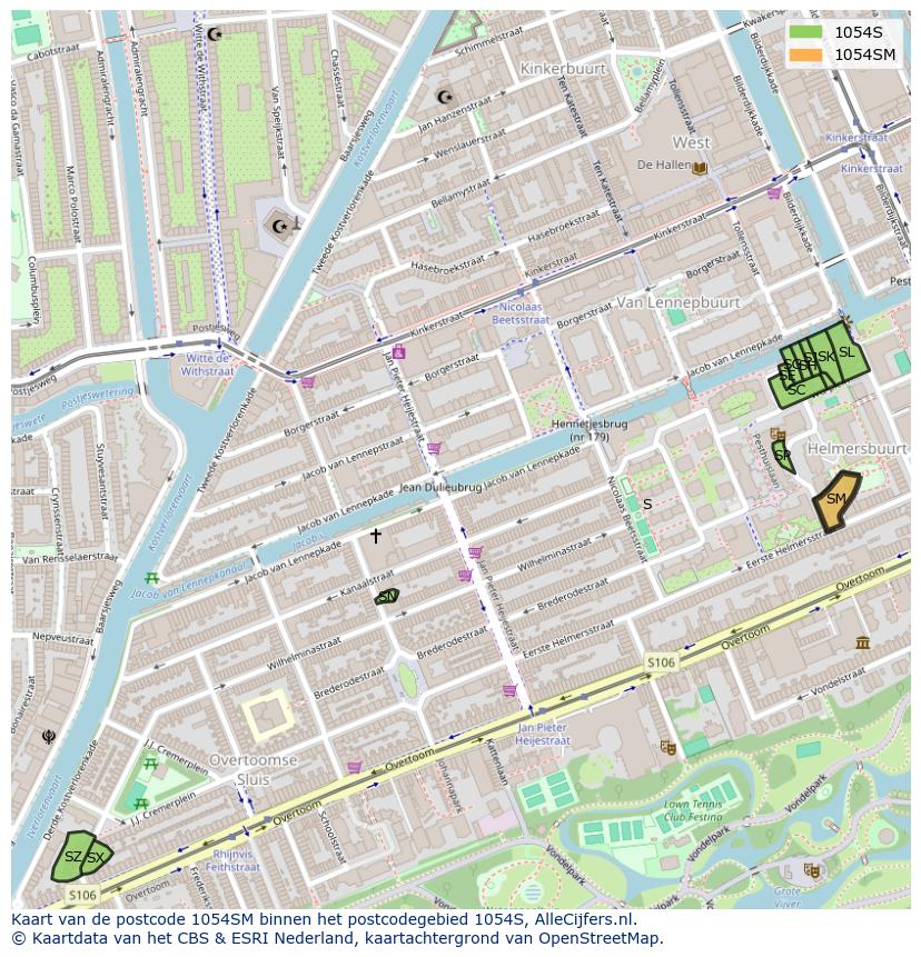 Afbeelding van het postcodegebied 1054 SM op de kaart.