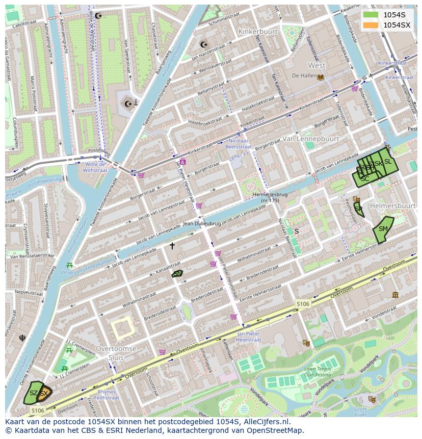 Afbeelding van het postcodegebied 1054 SX op de kaart.
