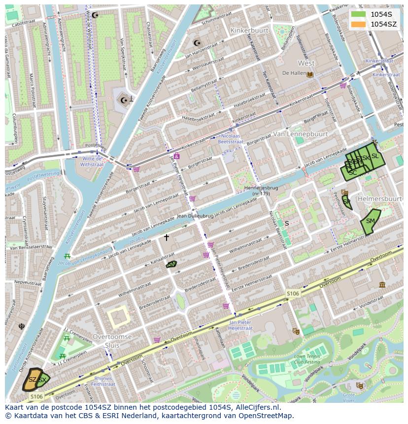 Afbeelding van het postcodegebied 1054 SZ op de kaart.