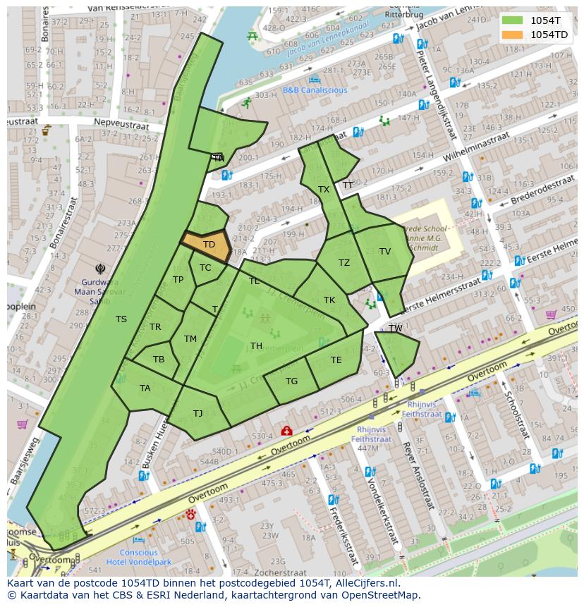 Afbeelding van het postcodegebied 1054 TD op de kaart.