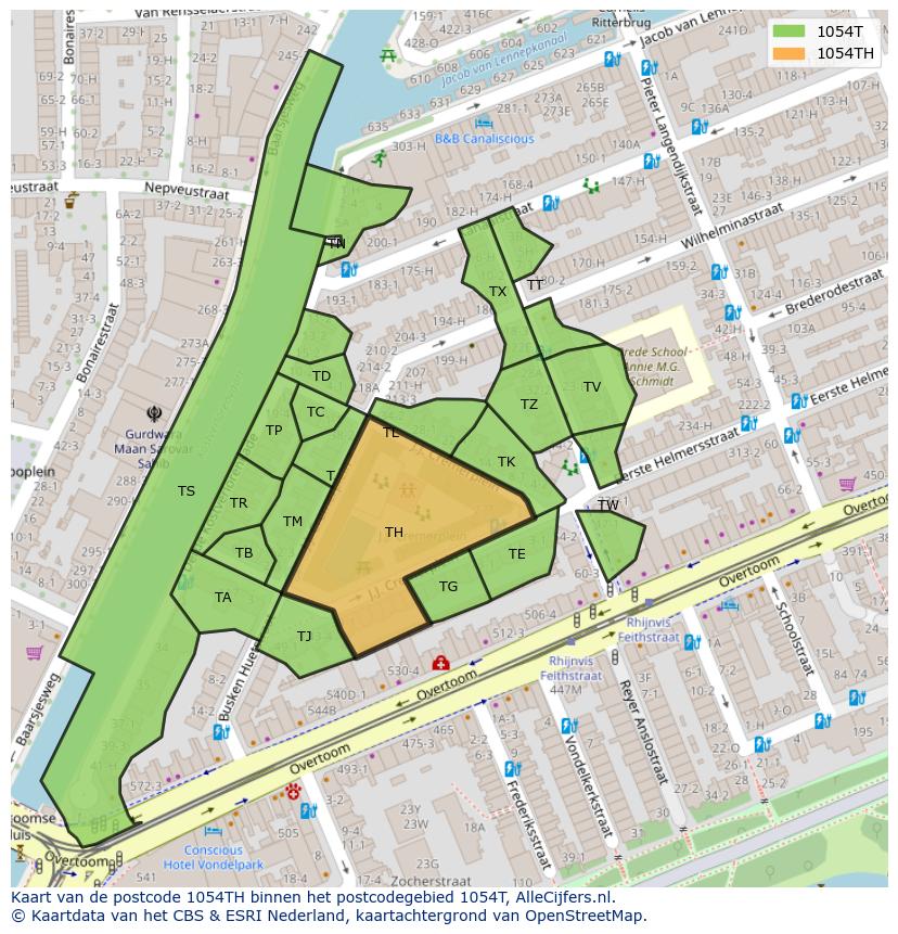 Afbeelding van het postcodegebied 1054 TH op de kaart.