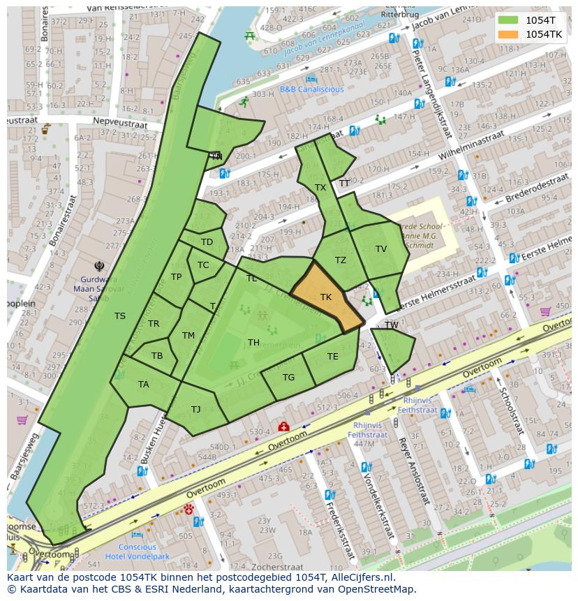 Afbeelding van het postcodegebied 1054 TK op de kaart.