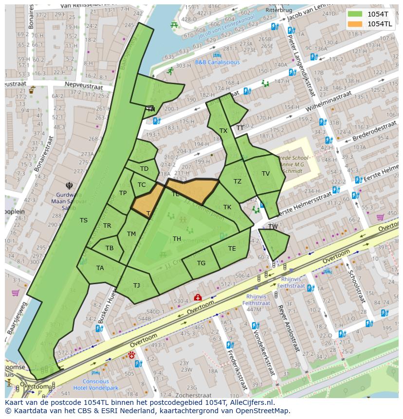 Afbeelding van het postcodegebied 1054 TL op de kaart.