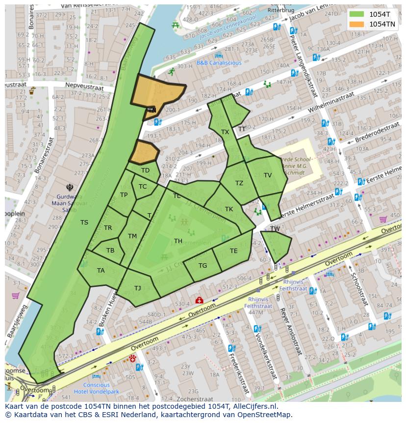 Afbeelding van het postcodegebied 1054 TN op de kaart.