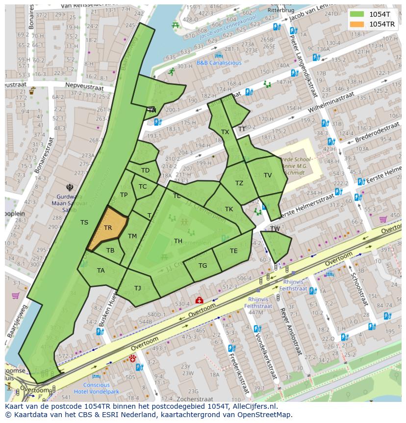 Afbeelding van het postcodegebied 1054 TR op de kaart.