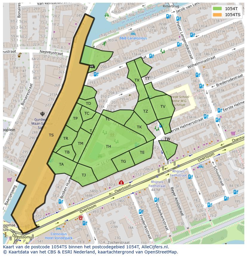 Afbeelding van het postcodegebied 1054 TS op de kaart.