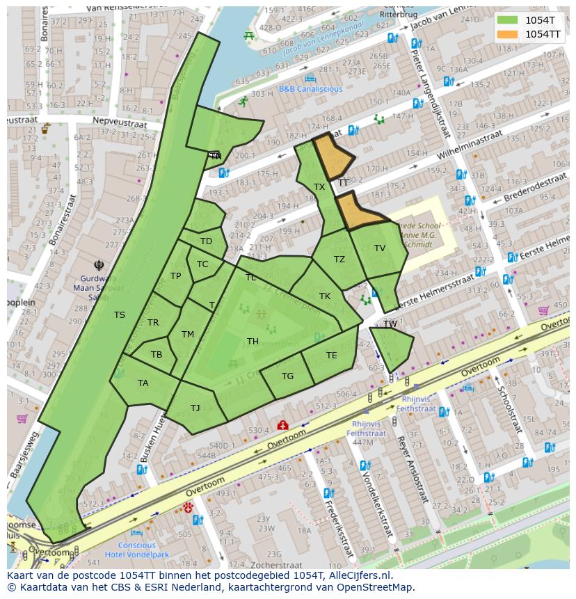 Afbeelding van het postcodegebied 1054 TT op de kaart.