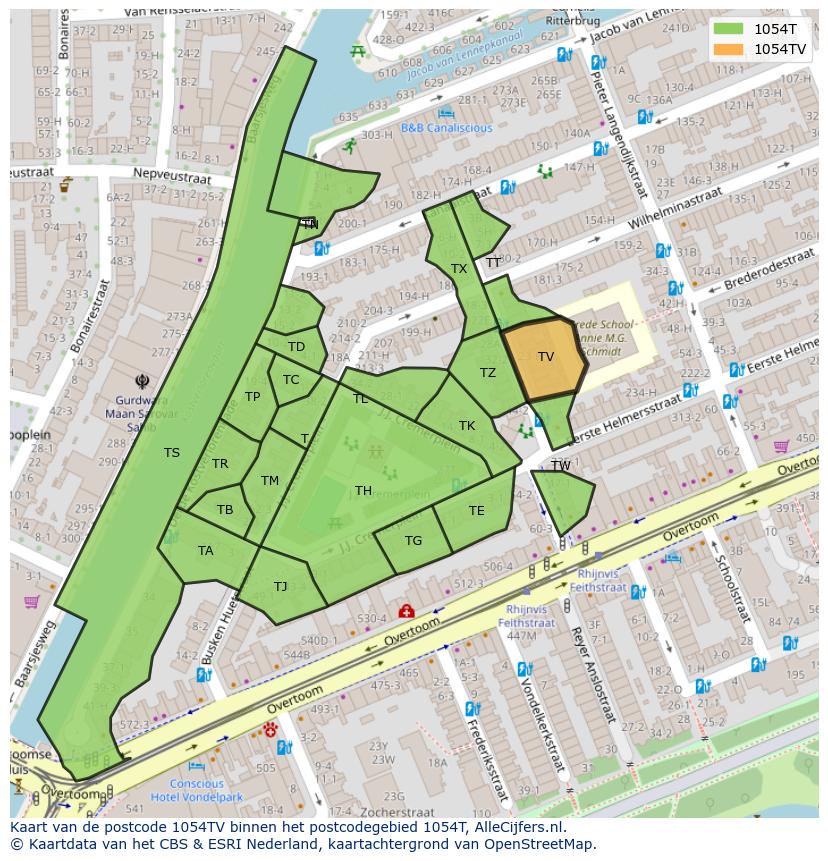 Afbeelding van het postcodegebied 1054 TV op de kaart.