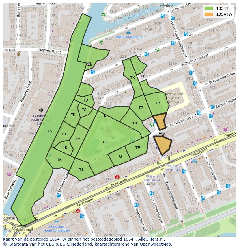 Afbeelding van het postcodegebied 1054 TW op de kaart.