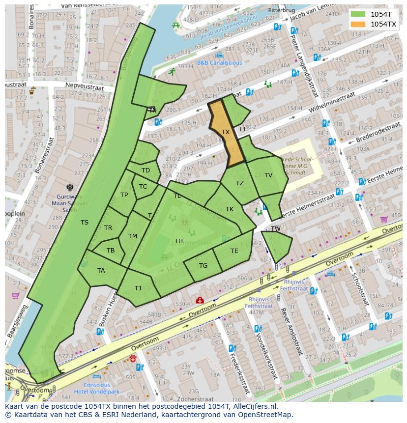 Afbeelding van het postcodegebied 1054 TX op de kaart.