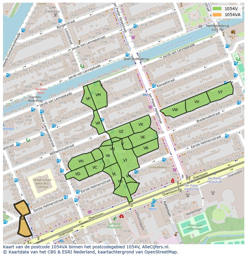 Afbeelding van het postcodegebied 1054 VA op de kaart.