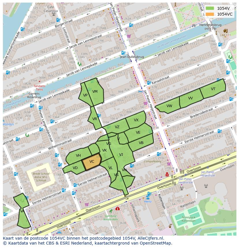 Afbeelding van het postcodegebied 1054 VC op de kaart.