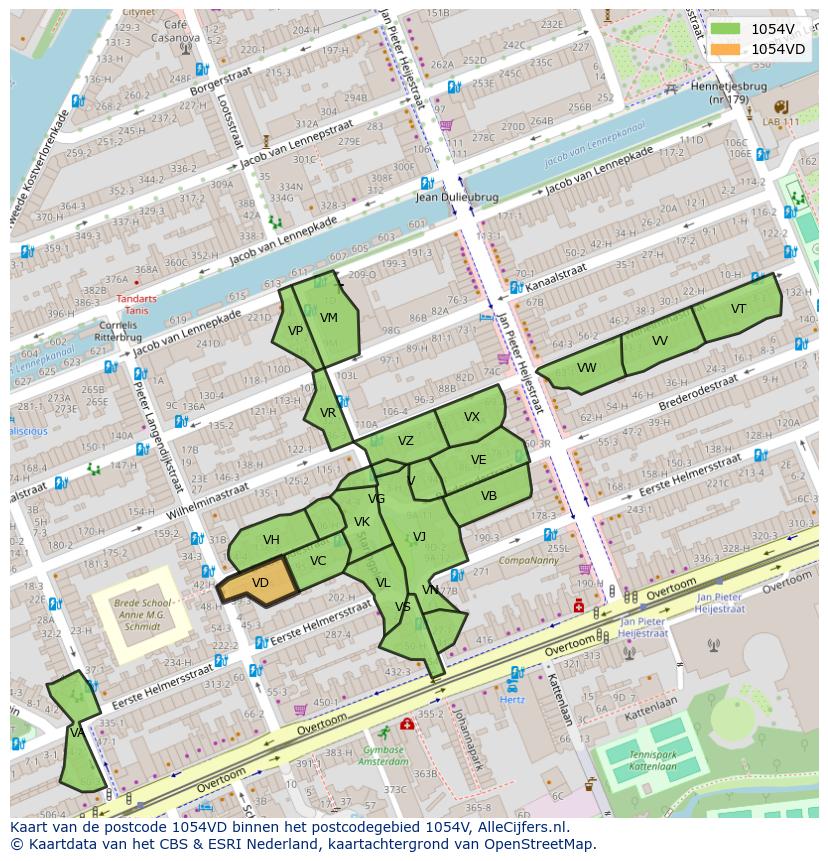 Afbeelding van het postcodegebied 1054 VD op de kaart.