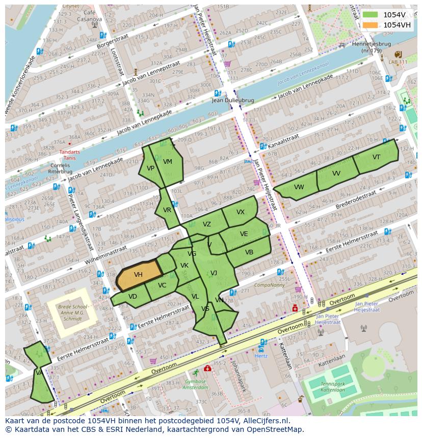 Afbeelding van het postcodegebied 1054 VH op de kaart.