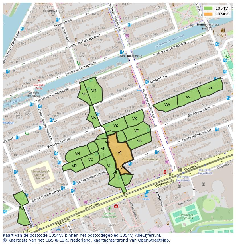 Afbeelding van het postcodegebied 1054 VJ op de kaart.