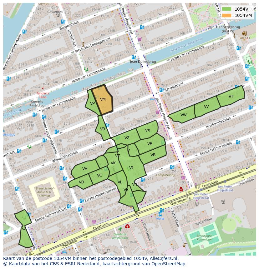 Afbeelding van het postcodegebied 1054 VM op de kaart.